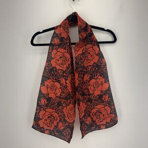 Vintage Sarah Coventry Black Red Floral Roses Scarf 52” Boho Cottagecore Holiday